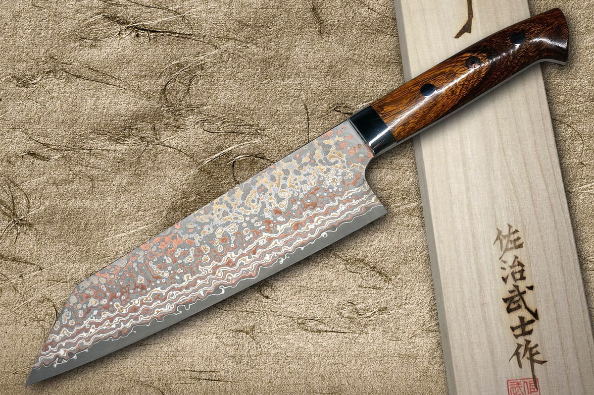 Takeshi Saji VG10W Colored Damascus Nashiji IRN Japanese Chef's Bunka Knife 180mm with Desert Ironwood Handle 