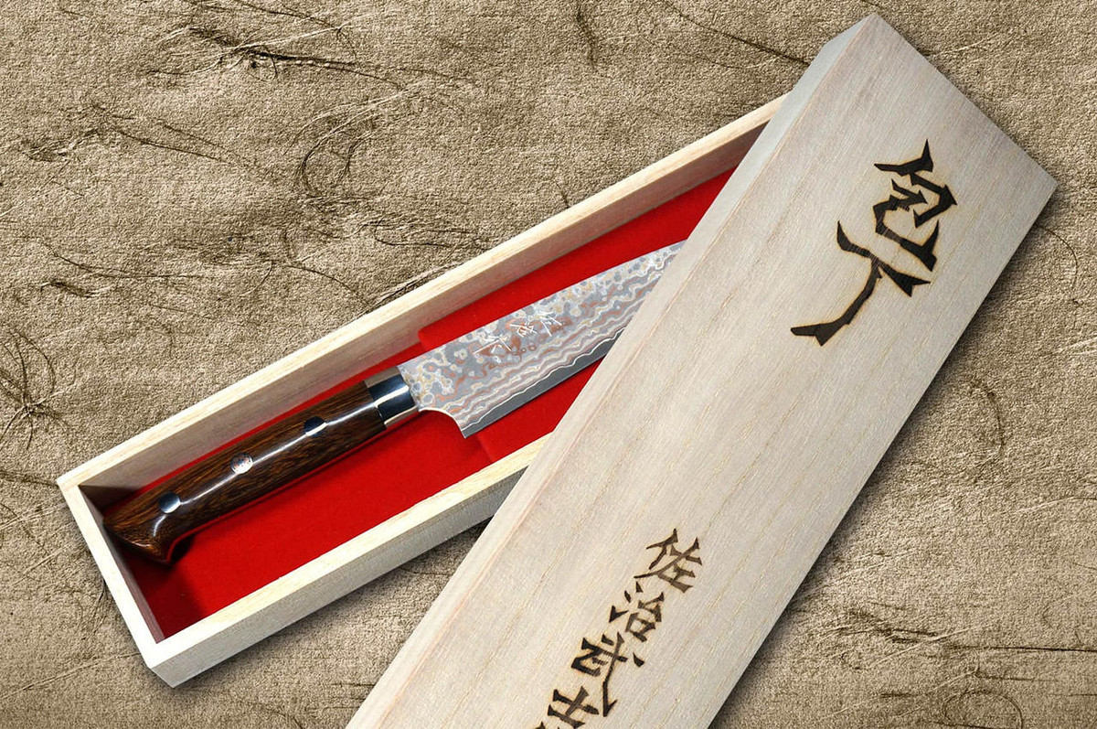 Takeshi Saji VG10W Colored Damascus Nashiji IRN Japanese Chef's Petty Knife(Utility) 90mm with Desert Ironwood Handle 