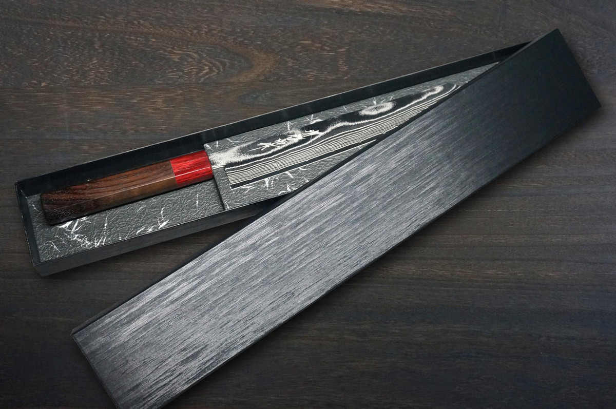 Keiichi Fujii AUS10 Nickel Damascus RS8R Japanese Chef's Kiritsuke-Yanagiba(Sashimi) 240mm with Urushi Lacquered Oak Handle 