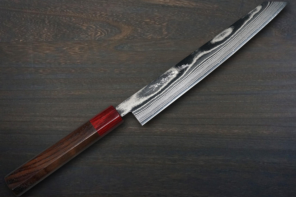 Keiichi Fujii AUS10 Nickel Damascus RS8R Japanese Chef's Kiritsuke-Yanagiba(Sashimi) 240mm with Urushi Lacquered Oak Handle 