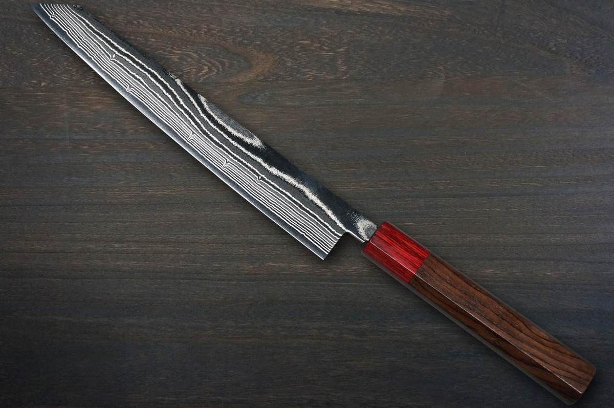 Keiichi Fujii AUS10 Nickel Damascus RS8R Japanese Chef's Kiritsuke-Yanagiba(Sashimi) 240mm with Urushi Lacquered Oak Handle 