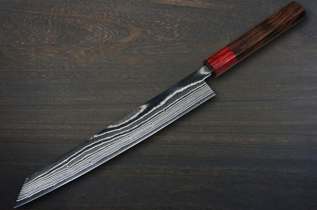 Keiichi Fujii AUS10 Nickel Damascus RS8R Japanese Chef's Kiritsuke-Yanagiba(Sashimi) 240mm with Urushi Lacquered Oak Handle 