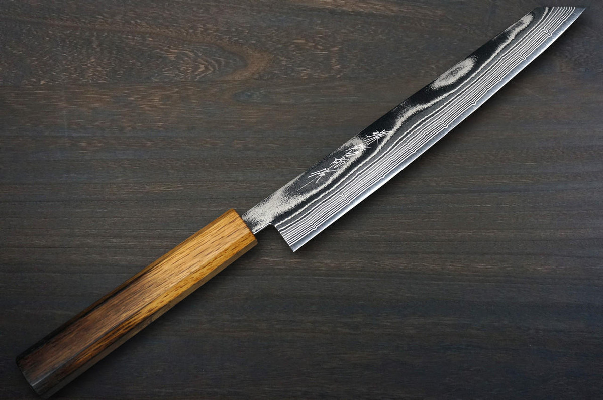Keiichi Fujii AUS10 Nickel Damascus OK8B Japanese Chef's Kiritsuke-Yanagiba(Sashimi) 240mm with Urushi Lacquered Oak Handle 