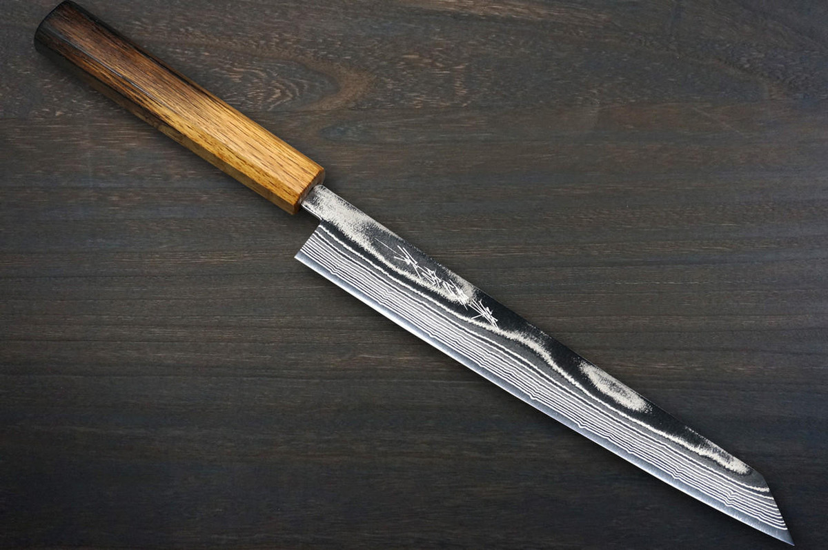 Keiichi Fujii AUS10 Nickel Damascus OK8B Japanese Chef's Kiritsuke-Yanagiba(Sashimi) 240mm with Urushi Lacquered Oak Handle 