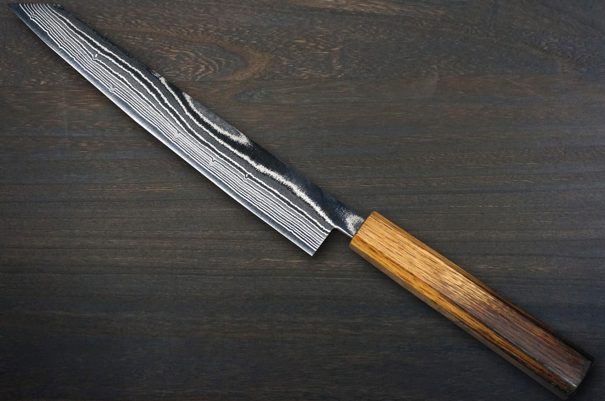 Keiichi Fujii AUS10 Nickel Damascus OK8B Japanese Chef's Kiritsuke-Yanagiba(Sashimi) 240mm with Urushi Lacquered Oak Handle 