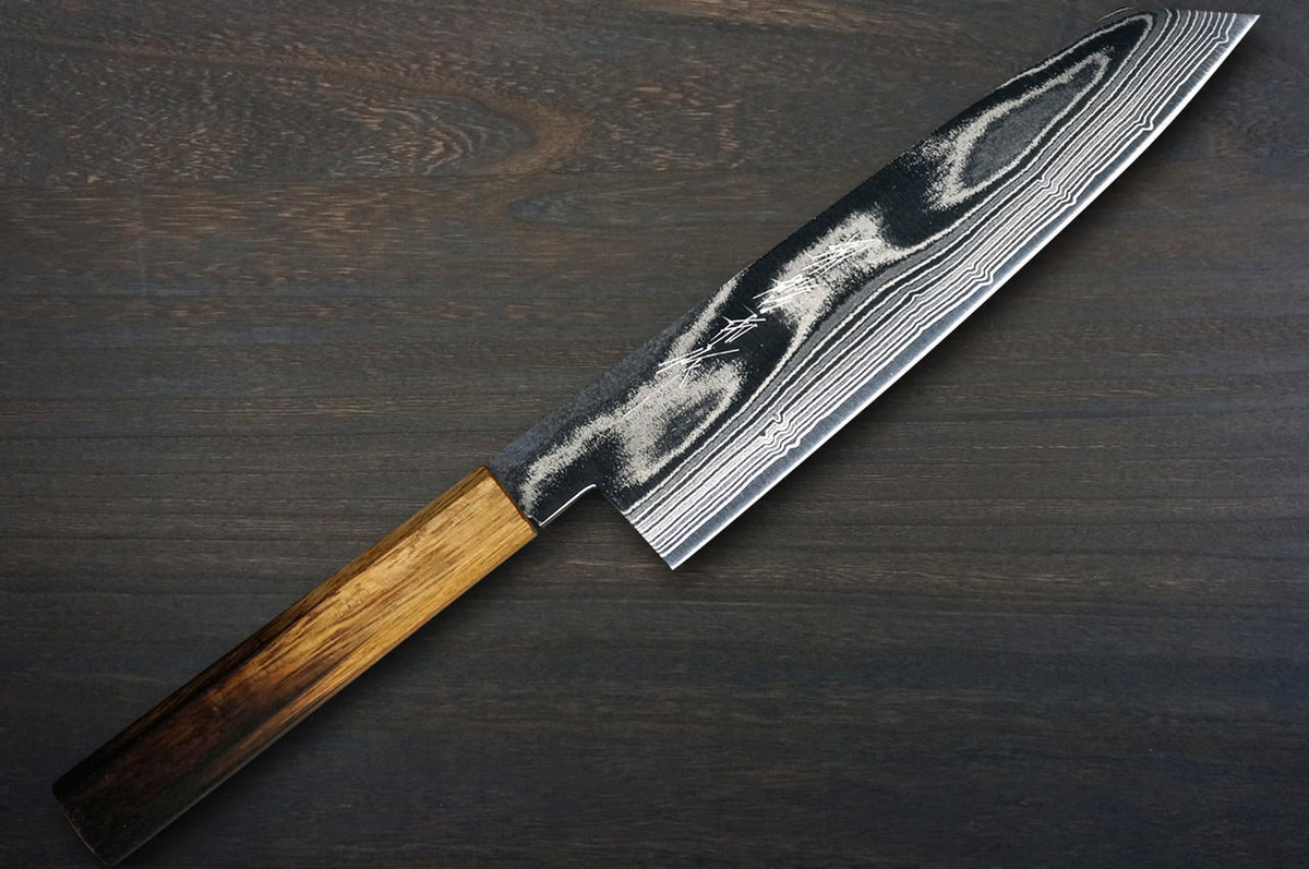 Keiichi Fujii AUS10 Nickel Damascus OK8B Japanese Chef's Kiritsuke-Gyuto Knife 210mm with Urushi Lacquered Oak Handle 