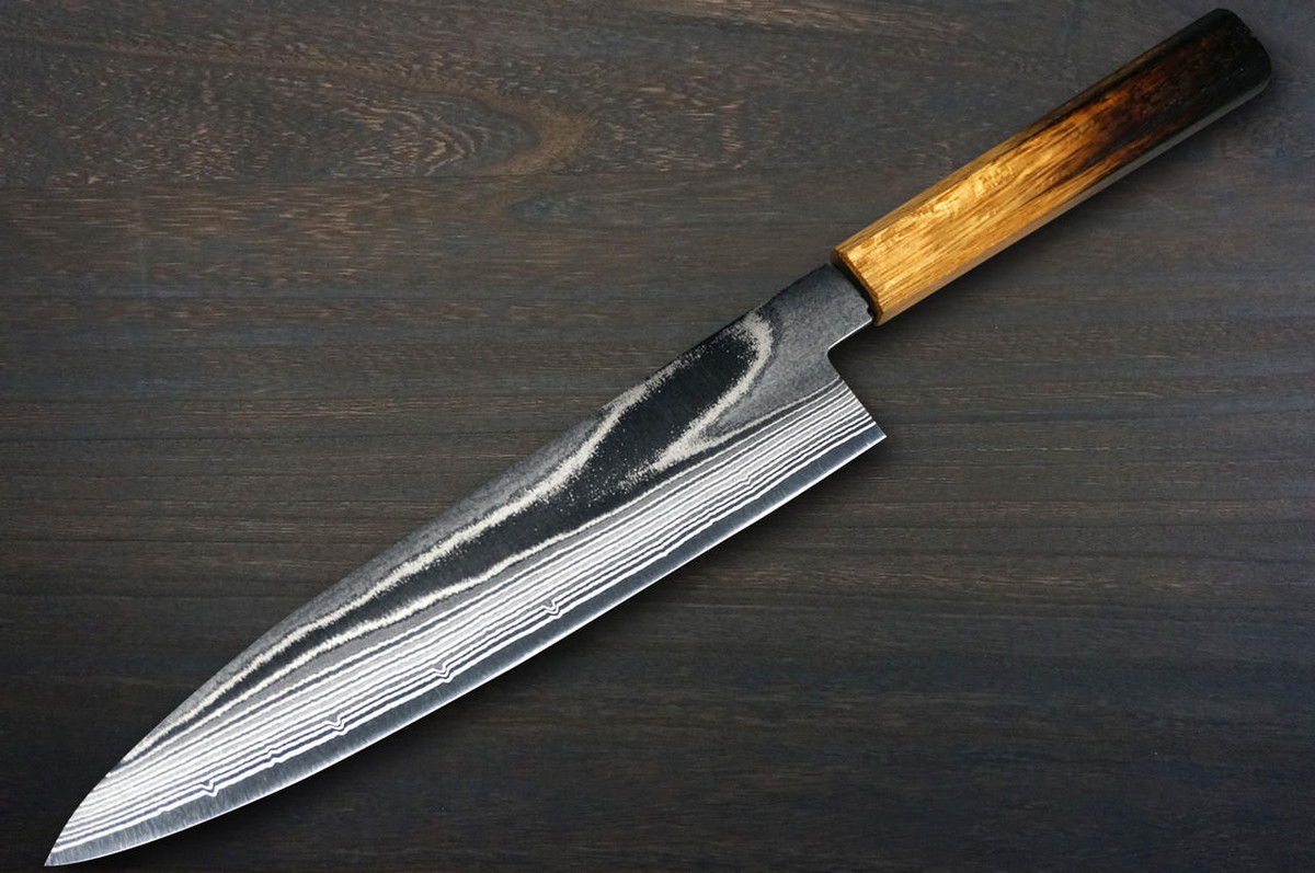Keiichi Fujii AUS10 Nickel Damascus OK8B Japanese Chef's Gyuto Knife 270mm with Urushi Lacquered Oak Handle 