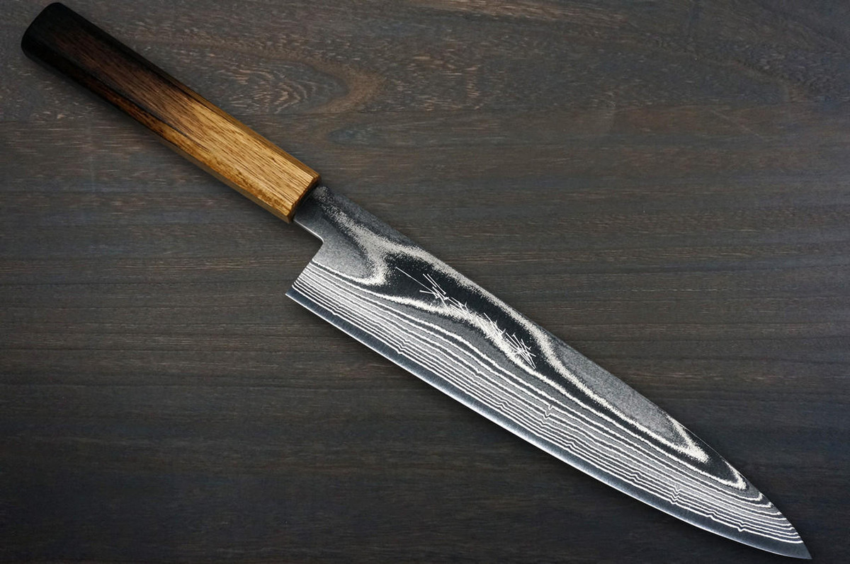 Keiichi Fujii AUS10 Nickel Damascus OK8B Japanese Chef's Gyuto Knife 240mm with Urushi Lacquered Oak Handle 