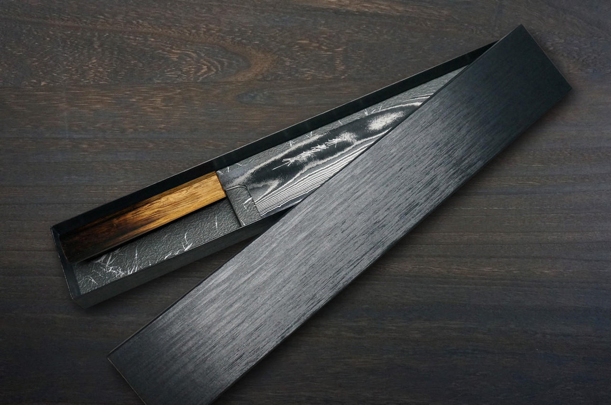 Keiichi Fujii AUS10 Nickel Damascus OK8B Japanese Chef's Gyuto Knife 240mm with Urushi Lacquered Oak Handle 