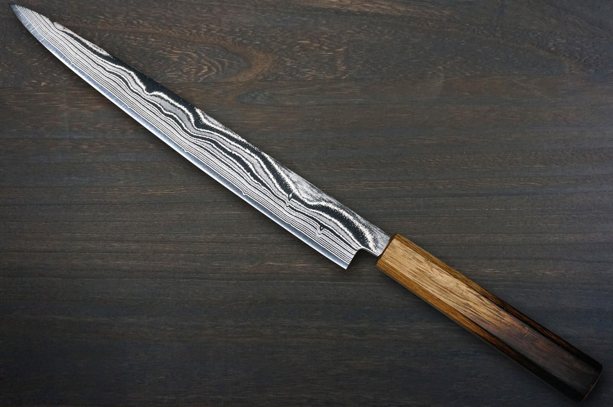 Keiichi Fujii AUS10 Nickel Damascus OK8B Japanese Chef's Slicer(Sujihiki) 240mm with Urushi Lacquered Oak Handle 