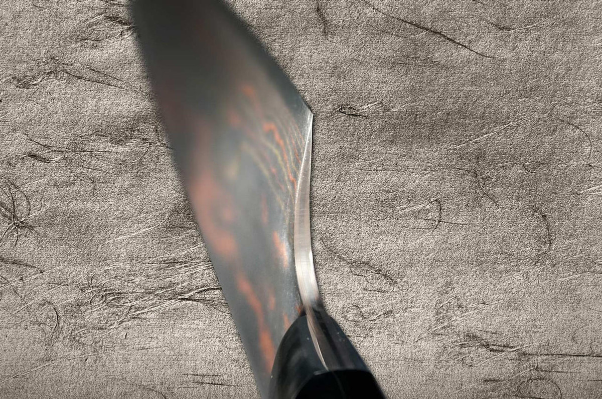 Takeshi Saji Makie-Art Aogami No.2 Colored Damascus Japanese Chef's Gyuto Knife 240mm with Urushi Lacquered Saya and Custom Handle FUJIN RAIJIN 