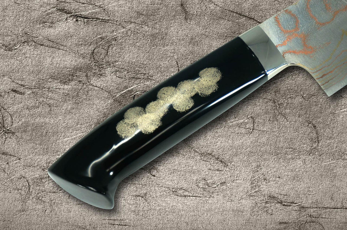 Takeshi Saji Makie-Art Aogami No.2 Colored Damascus Japanese Chef's Gyuto Knife 240mm with Urushi Lacquered Saya and Custom Handle FUJIN RAIJIN 