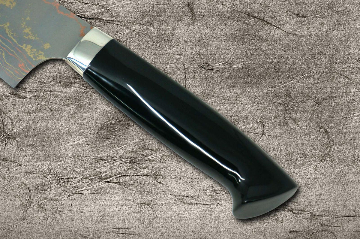 Takeshi Saji Makie-Art Aogami No.2 Colored Damascus Japanese Chef's Gyuto Knife 210mm with Urushi Lacquered Saya and Custom Handle FUJIN RAIJIN 