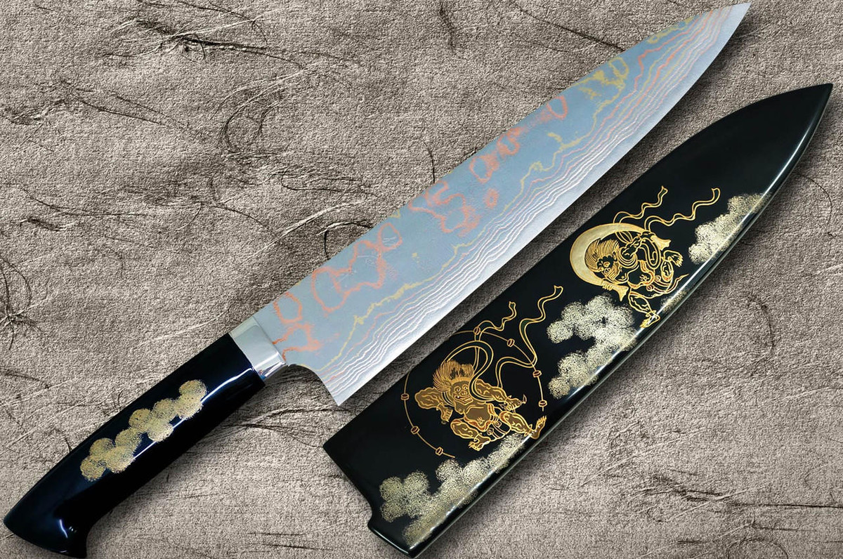 Takeshi Saji Makie-Art Aogami No.2 Colored Damascus Japanese Chef's Gyuto Knife 210mm with Urushi Lacquered Saya and Custom Handle FUJIN RAIJIN 