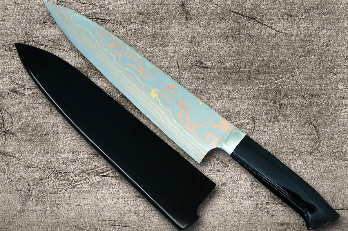 Takeshi Saji Makie-Art Aogami No.2 Colored Damascus Japanese Chef's Gyuto Knife 210mm with Urushi Lacquered Saya and Custom Handle FUJIN RAIJIN 