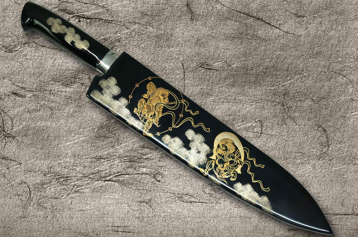 Takeshi Saji Makie-Art Aogami No.2 Colored Damascus Japanese Chef's Gyuto Knife 210mm with Urushi Lacquered Saya and Custom Handle FUJIN RAIJIN 
