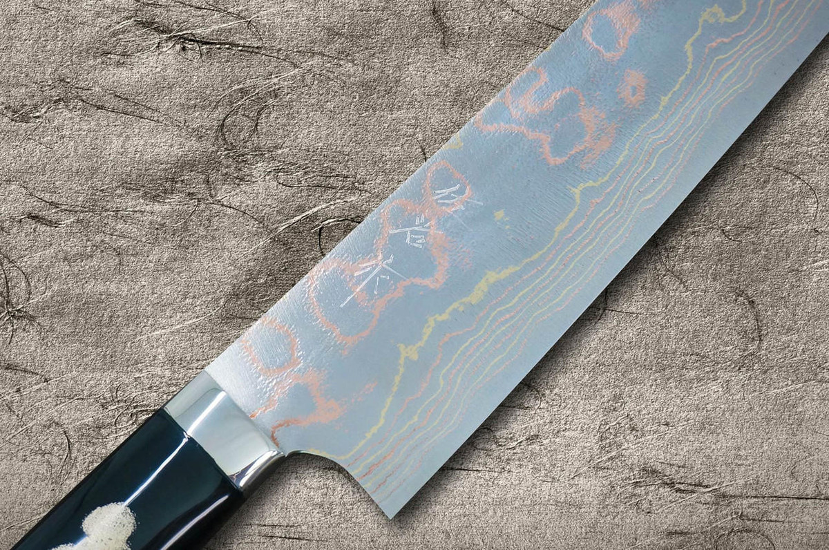 Takeshi Saji Makie-Art Aogami No.2 Colored Damascus Japanese Chef's Gyuto Knife 210mm with Urushi Lacquered Saya and Custom Handle FUJIN RAIJIN 