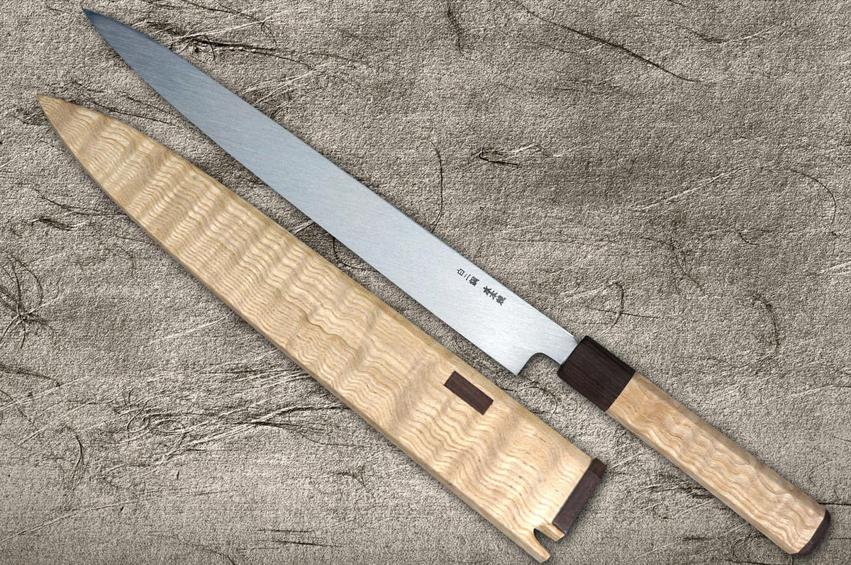 Yoshihiro Tamo Edition White No.2 Honyaki Blood-Drip-Art Yanagiba(Sashimi) 330mm with Special Japanese Ash Handle & Saya in Paulownia Box 