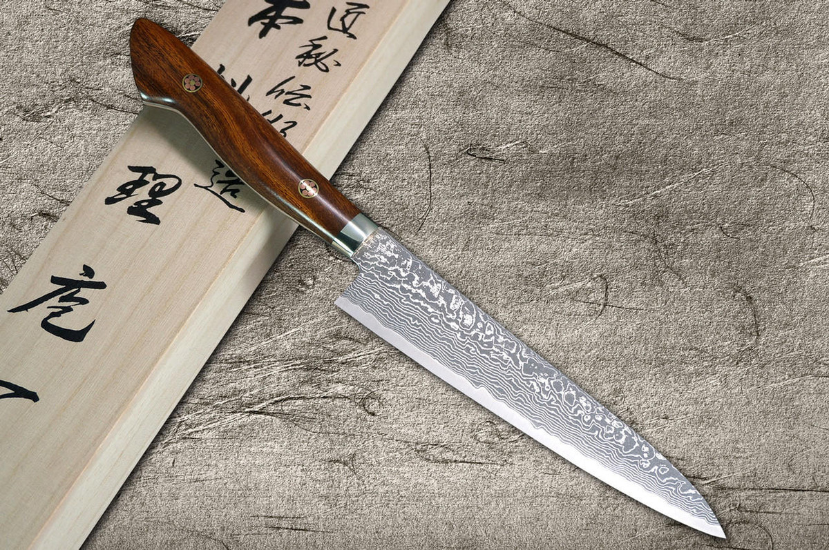 [OUTLET] Shigeki Tanaka 33-Layer R2(SG2) Damascus IR Japanese Chef's Petty Knife(Utility) 150mm with Desert Ironwood Handle 