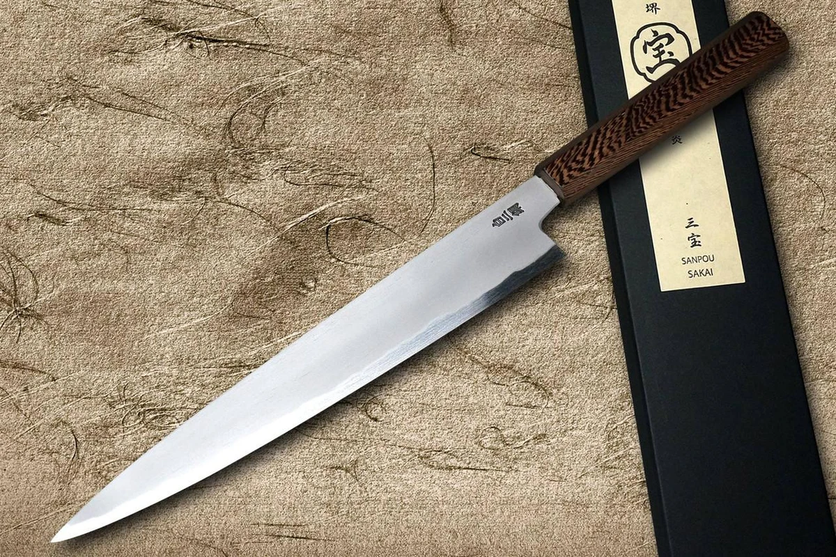 堺孝行 SANPOU 型 TETSU (白纸2号钢) 日式厨师切片刀 (Sujihiki) 240mm 乌木手柄