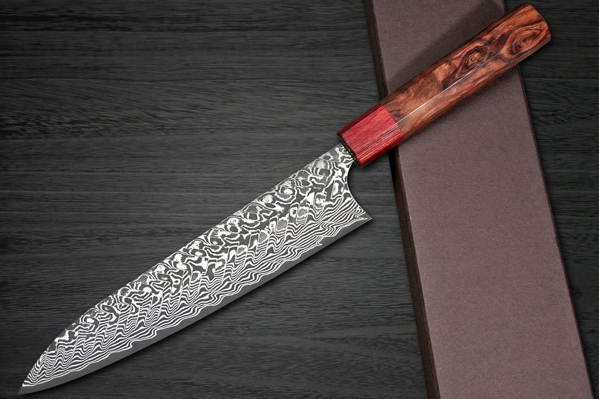 Yoshimi Kato R2 Black Damascus RS8R Japanese Chef's Gyuto Knife 210mm with Red-Ring Octagonal Honduran Rosewood Handle 