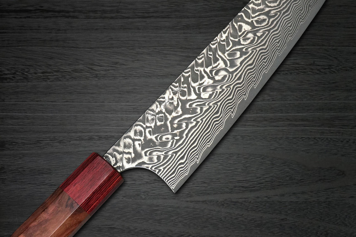Yoshimi Kato R2 Black Damascus RS8R Japanese Chef's Gyuto Knife 210mm with Red-Ring Octagonal Honduran Rosewood Handle 