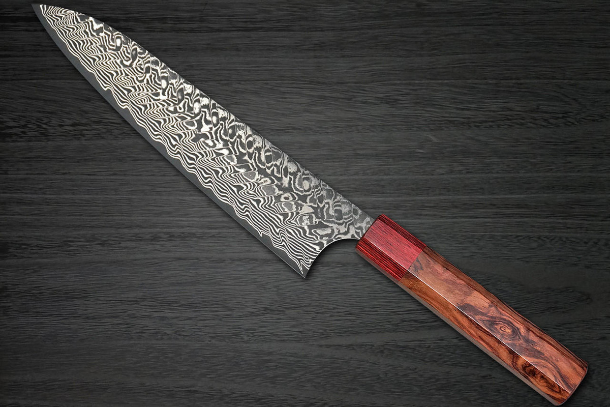 Yoshimi Kato R2 Black Damascus RS8R Japanese Chef's Gyuto Knife 210mm with Red-Ring Octagonal Honduran Rosewood Handle 