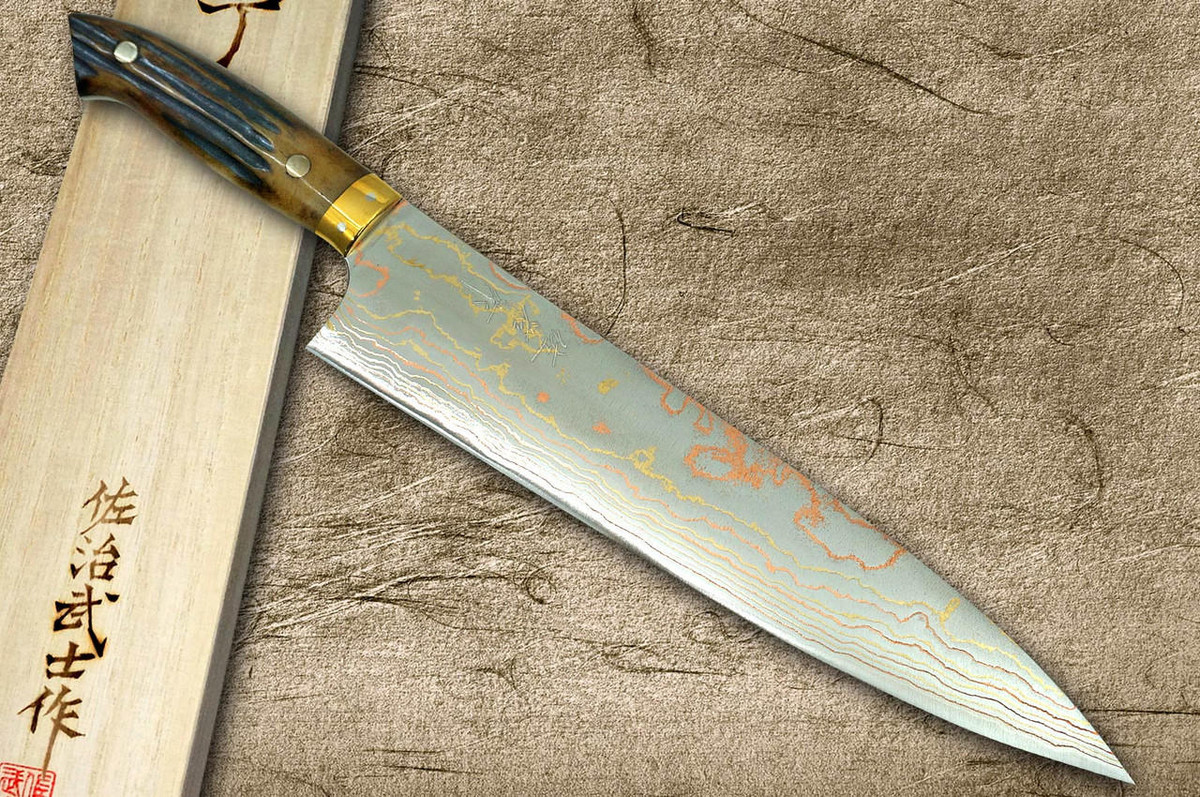 Takeshi Saji Aogami Colored Damascus DHM-NNM Japanese Chef's Gyuto Knife 270mm with Brown Antler Handle Nomura Special 