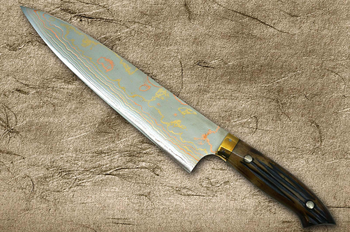 佐治武士青纸彩色大马士革DHM-NNM日本厨师的牛刀240毫米棕色鹿角手柄