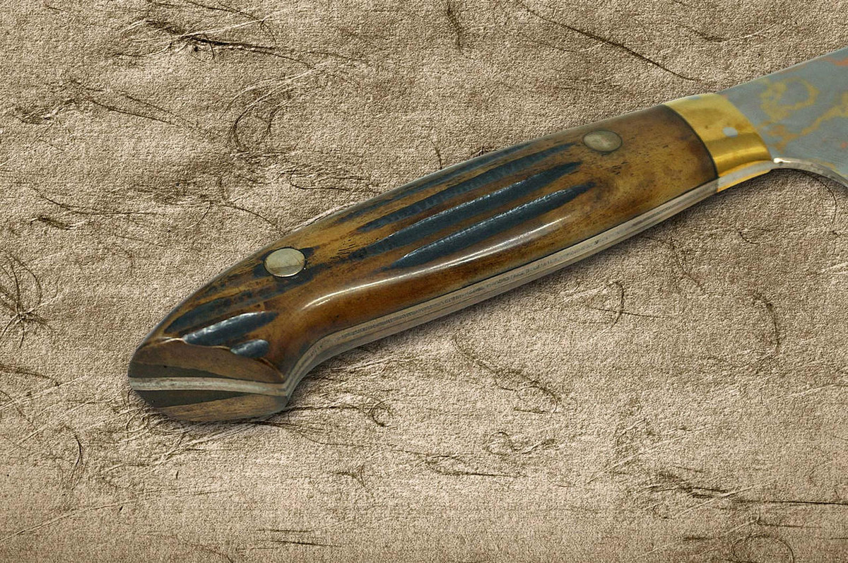 Takeshi Saji Aogami Colored Damascus DHM-NNM Japanese Chef's Gyuto Knife 240mm with Brown Antler Handle Nomura Special 