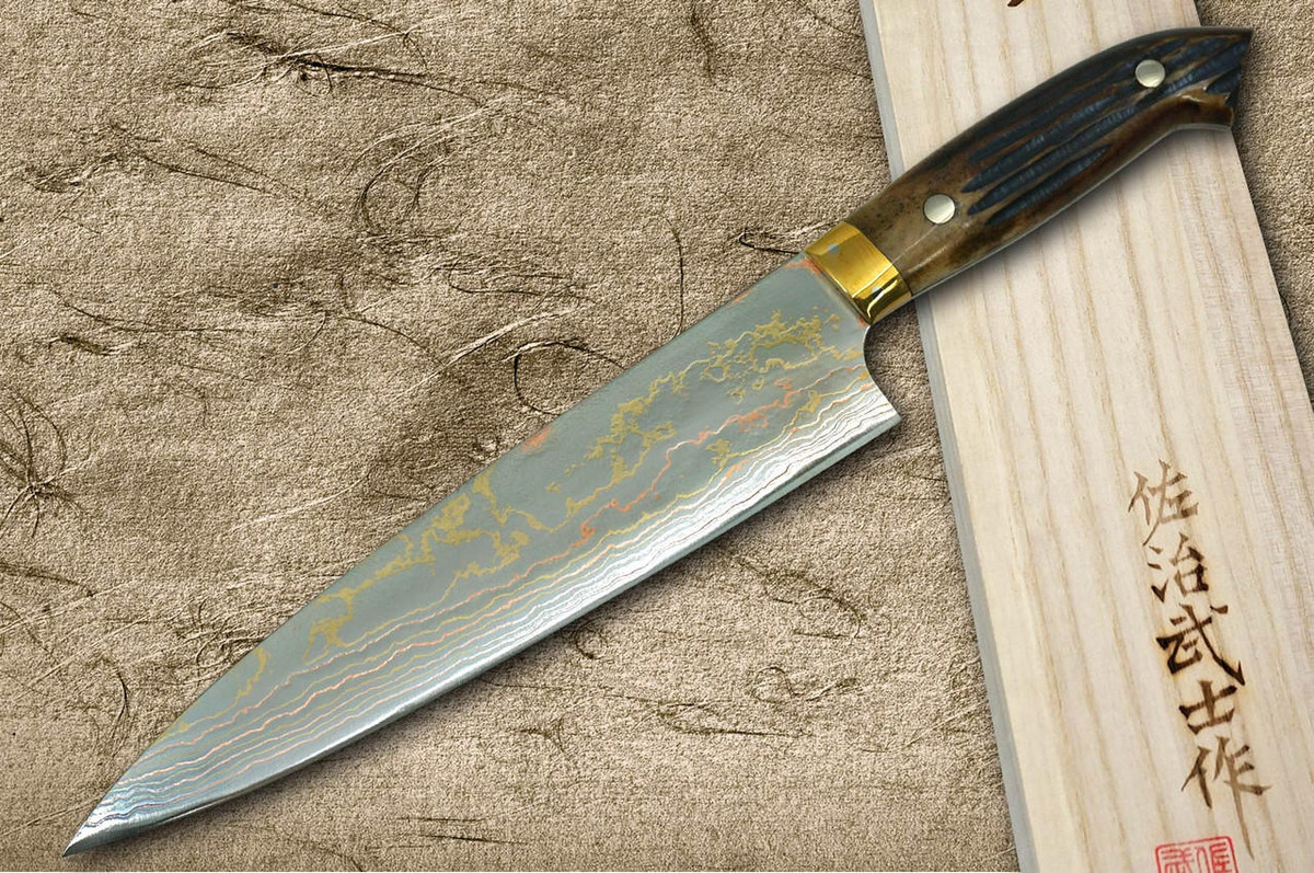 Takeshi Saji Aogami Colored Damascus DHM-NNM Japanese Chef's Gyuto Knife 210mm with Brown Antler Handle Nomura Special 