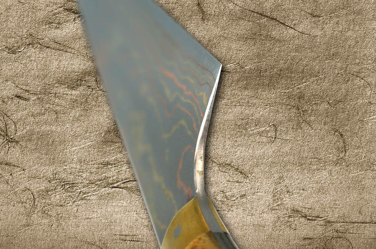 Takeshi Saji Aogami Colored Damascus DHM-NNM Japanese Chef's Gyuto Knife 210mm with Brown Antler Handle Nomura Special 