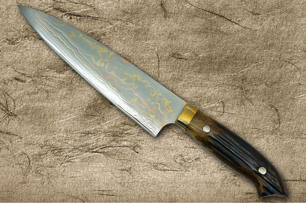 Takeshi Saji Aogami Colored Damascus DHM-NNM Japanese Chef's Gyuto Knife 210mm with Brown Antler Handle Nomura Special 