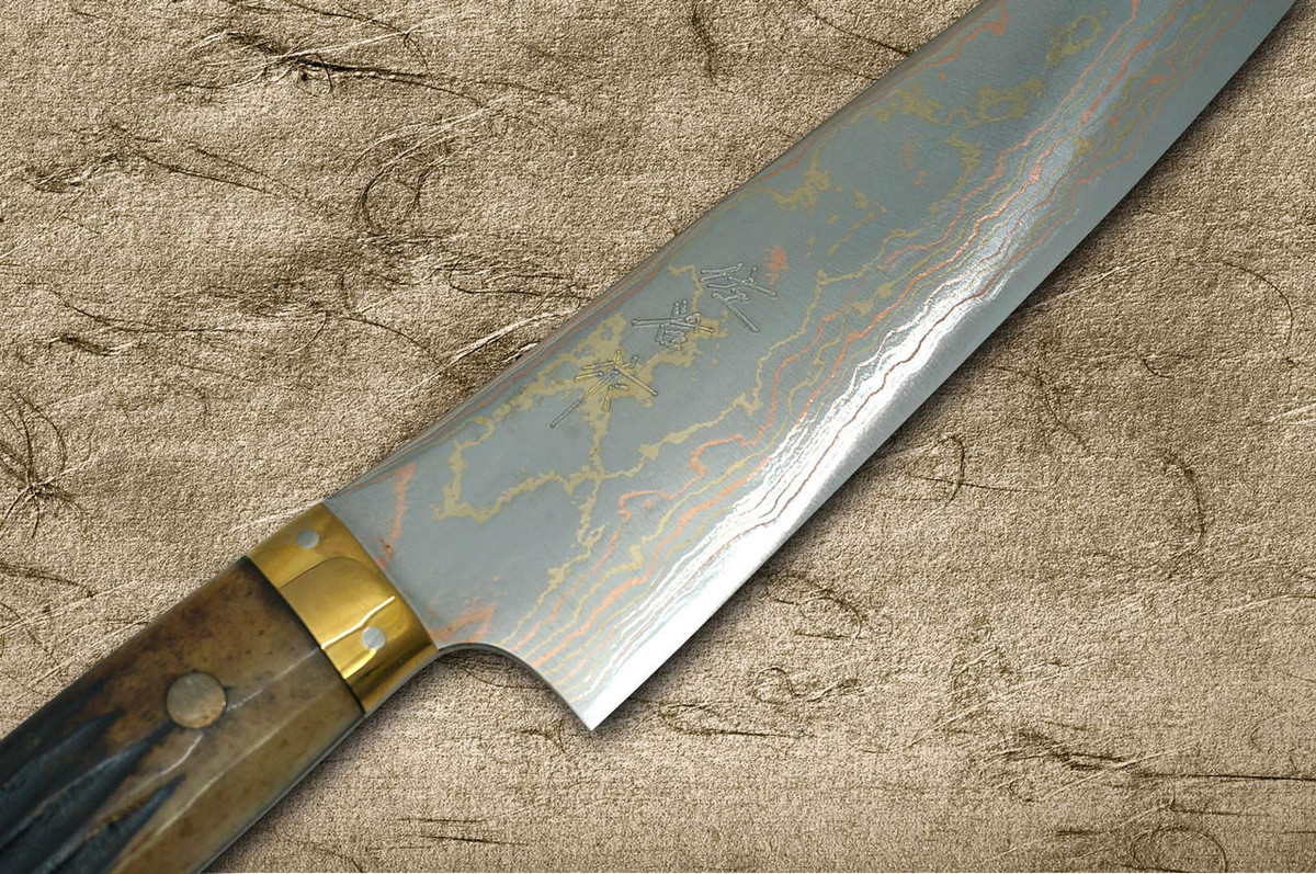 Takeshi Saji Aogami Colored Damascus DHM-NNM Japanese Chef's Gyuto Knife 180mm with Brown Antler Handle Nomura Special 