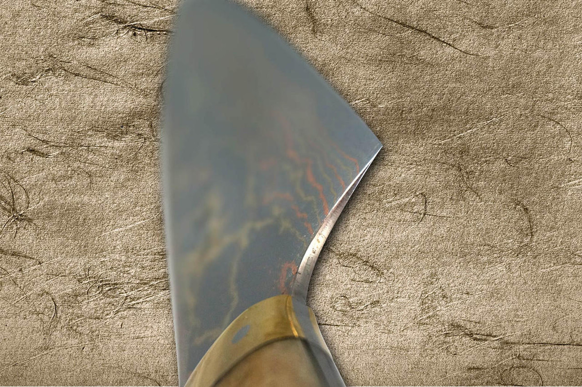 Takeshi Saji Aogami Colored Damascus DHM-NNM Japanese Chef's Gyuto Knife 180mm with Brown Antler Handle Nomura Special 