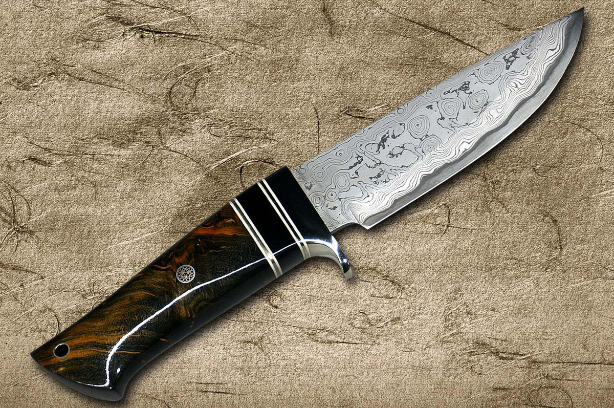 Daisuke Nishida Shirogami No.1 Damascus Japanese Chef's Petty Knife(Utility) 135mm with Stabilized Burl Birch Resin Handle & Black Micarta Ring 