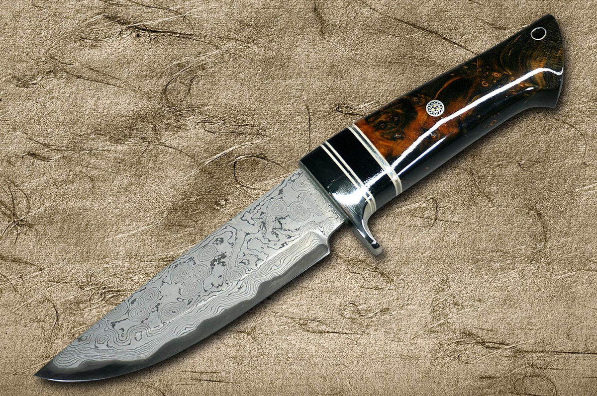 Daisuke Nishida Shirogami No.1 Damascus Japanese Chef's Petty Knife(Utility) 135mm with Stabilized Burl Birch Resin Handle & Black Micarta Ring 