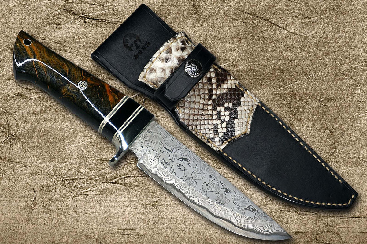 Daisuke Nishida Shirogami No.1 Damascus Japanese Chef's Petty Knife(Utility) 135mm with Stabilized Burl Birch Resin Handle & Black Micarta Ring 