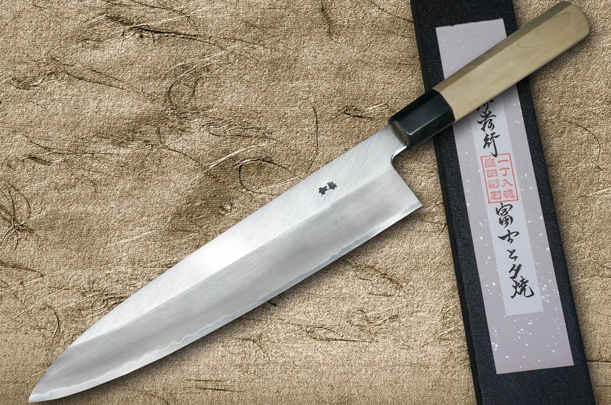 Sakai Takayuki Kasumi Buffalo Tsuba Gold Engraving Art Japanese Chef's Gyuto Knife 270mm Mt.Fuji & Sunset (Gold-plated) 