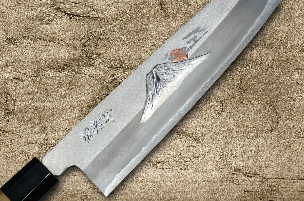 Sakai Takayuki Kasumi Buffalo Tsuba Gold Engraving Art Japanese Chef's Gyuto Knife 270mm Mt.Fuji & Sunset (Gold-plated) 