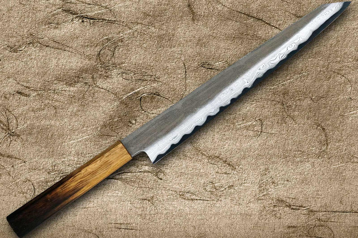 Satoshi Nakagawa Aogami #1 Damascus Kurouchi OK8B Japanese Chef's Kiritsuke-Yanagiba(Sujihiki) 240mm with Urushi Lacquered Oak Handle 