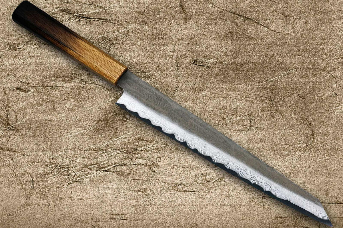 Satoshi Nakagawa Aogami #1 Damascus Kurouchi OK8B Japanese Chef's Kiritsuke-Yanagiba(Sujihiki) 240mm with Urushi Lacquered Oak Handle 