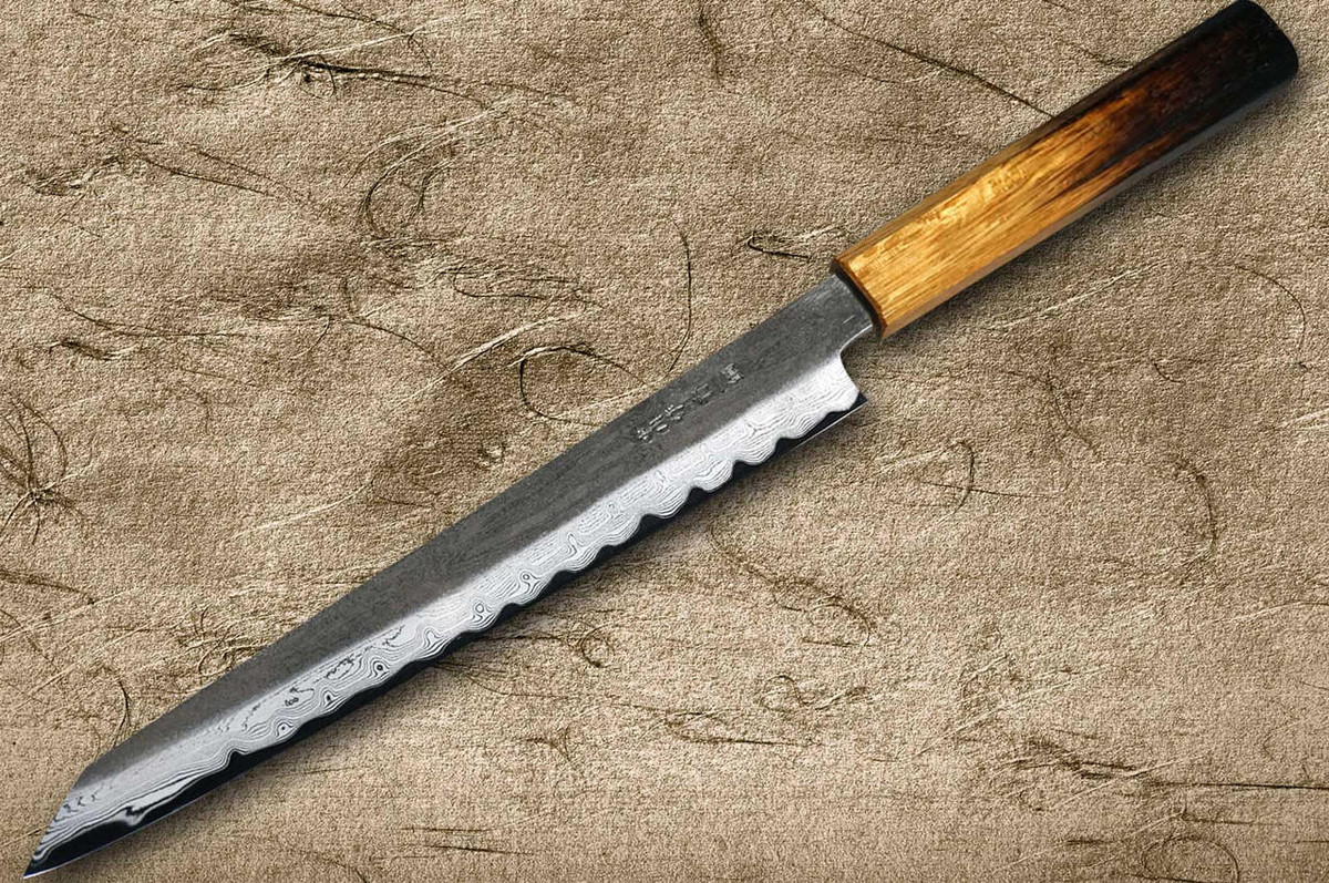 Satoshi Nakagawa Aogami #1 Damascus Kurouchi OK8B Japanese Chef's Kiritsuke-Yanagiba(Sujihiki) 240mm with Urushi Lacquered Oak Handle 