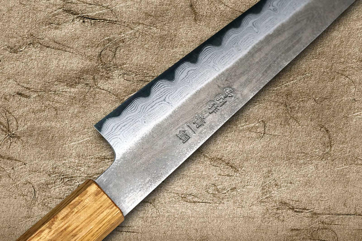 Satoshi Nakagawa Aogami #1 Damascus Kurouchi OK8B Japanese Chef's Kiritsuke-Yanagiba(Sujihiki) 240mm with Urushi Lacquered Oak Handle 