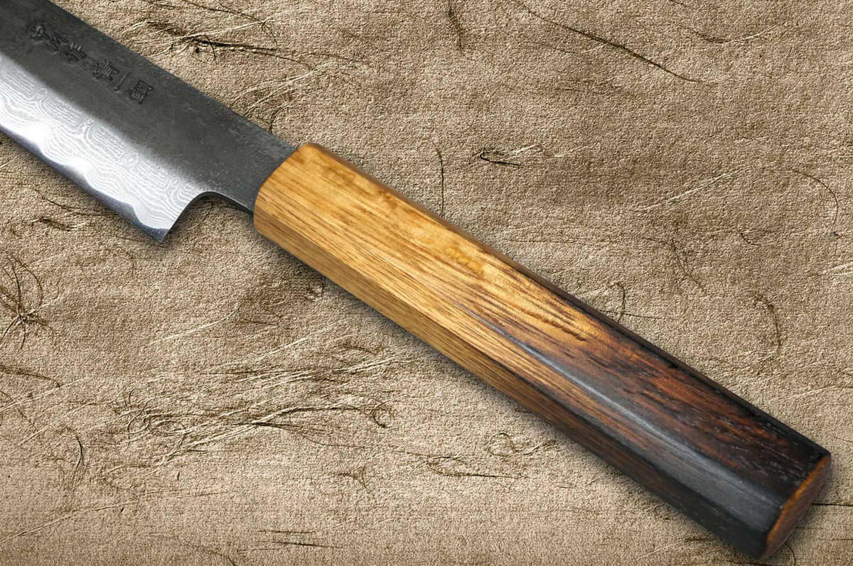 Satoshi Nakagawa Aogami #1 Damascus Kurouchi OK8B Japanese Chef's Kiritsuke-Yanagiba(Sujihiki) 240mm with Urushi Lacquered Oak Handle 
