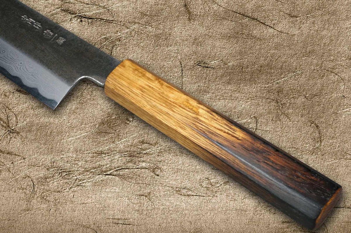 Satoshi Nakagawa Aogami #1 Damascus Kurouchi OK8B Japanese Chef's Bunka Knife 170mm with Urushi Lacquered Oak Handle 