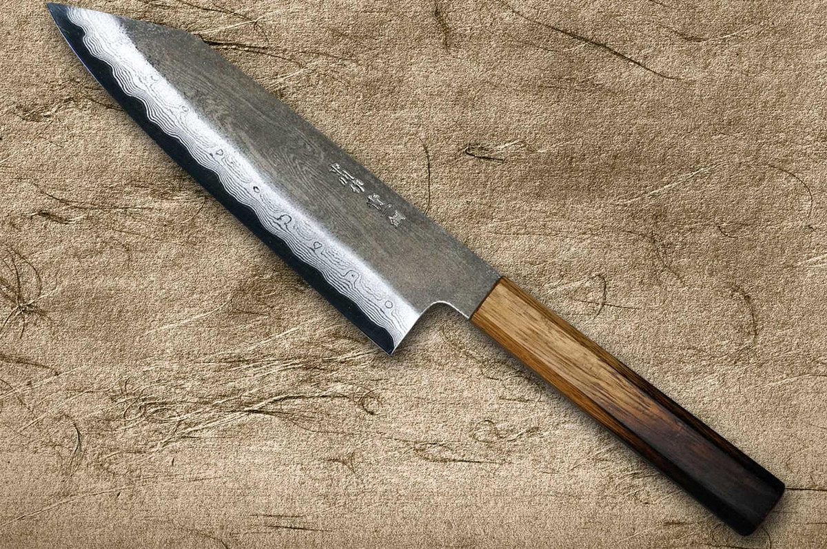 Satoshi Nakagawa Aogami #1 Damascus Kurouchi OK8B Japanese Chef's Bunka Knife 170mm with Urushi Lacquered Oak Handle 