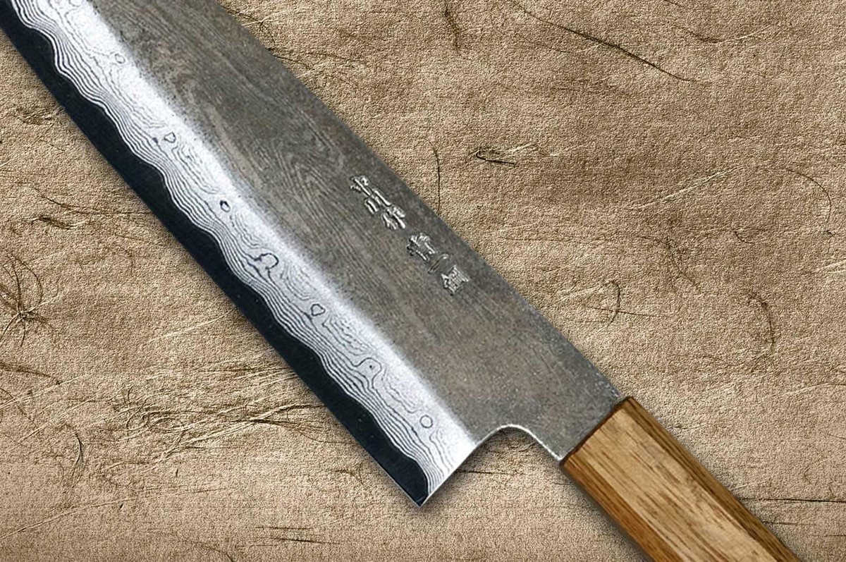 Satoshi Nakagawa Aogami #1 Damascus Kurouchi OK8B Japanese Chef's Bunka Knife 170mm with Urushi Lacquered Oak Handle 