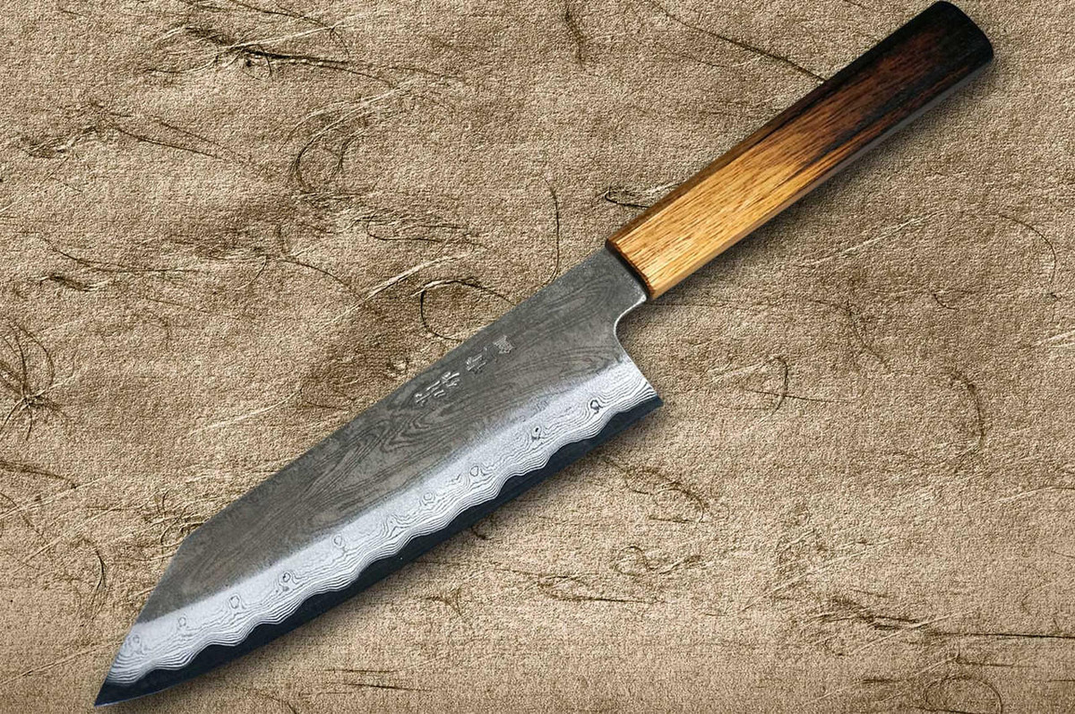 Satoshi Nakagawa Aogami #1 Damascus Kurouchi OK8B Japanese Chef's Bunka Knife 170mm with Urushi Lacquered Oak Handle 