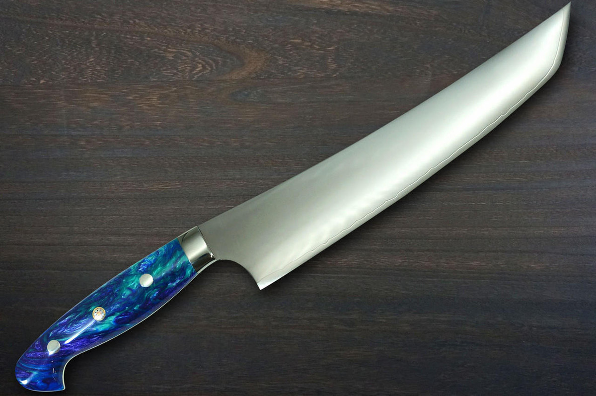 Yu Kurosaki HAP40 Mirrored Japanese Chef's Sakimaru-Slicer(Sujihiki) 225mm with Blue-Green-Resin Custom Handle Mukamura Model 